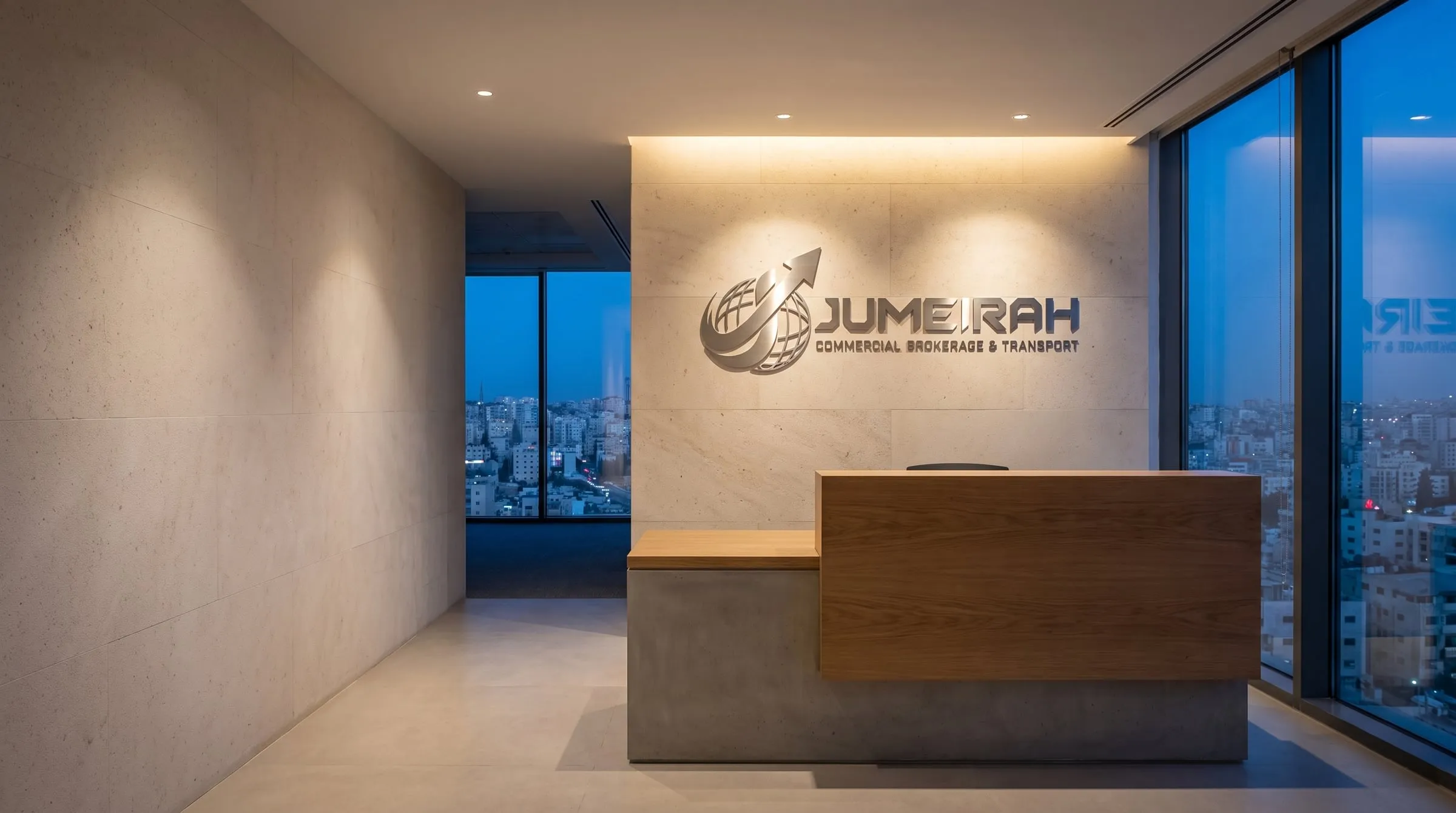 The Jumeirah logo on the reception wall of the Amman office.