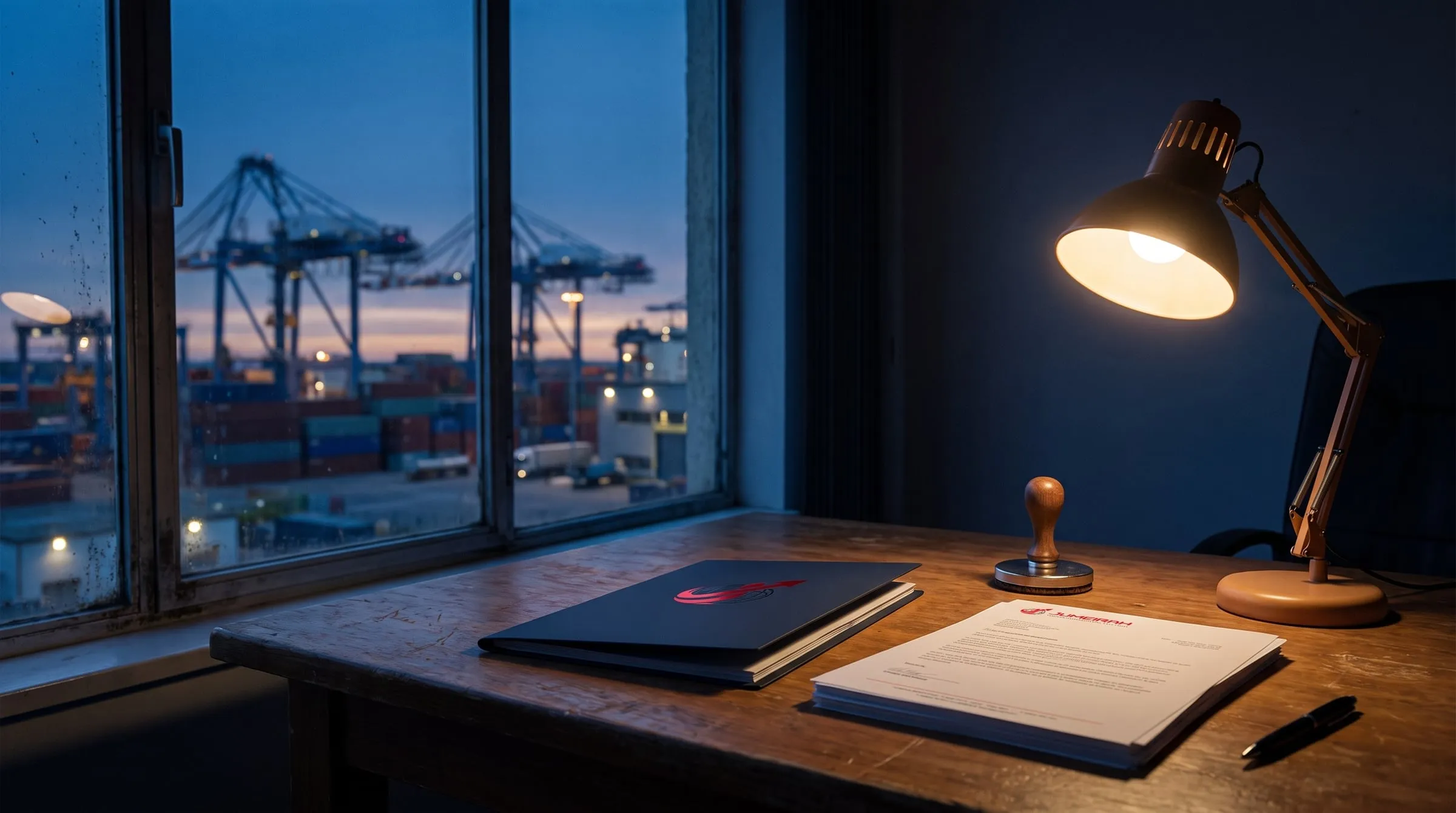 Shipping documents and a Jumeirah folder on a customs broker’s desk by the port.