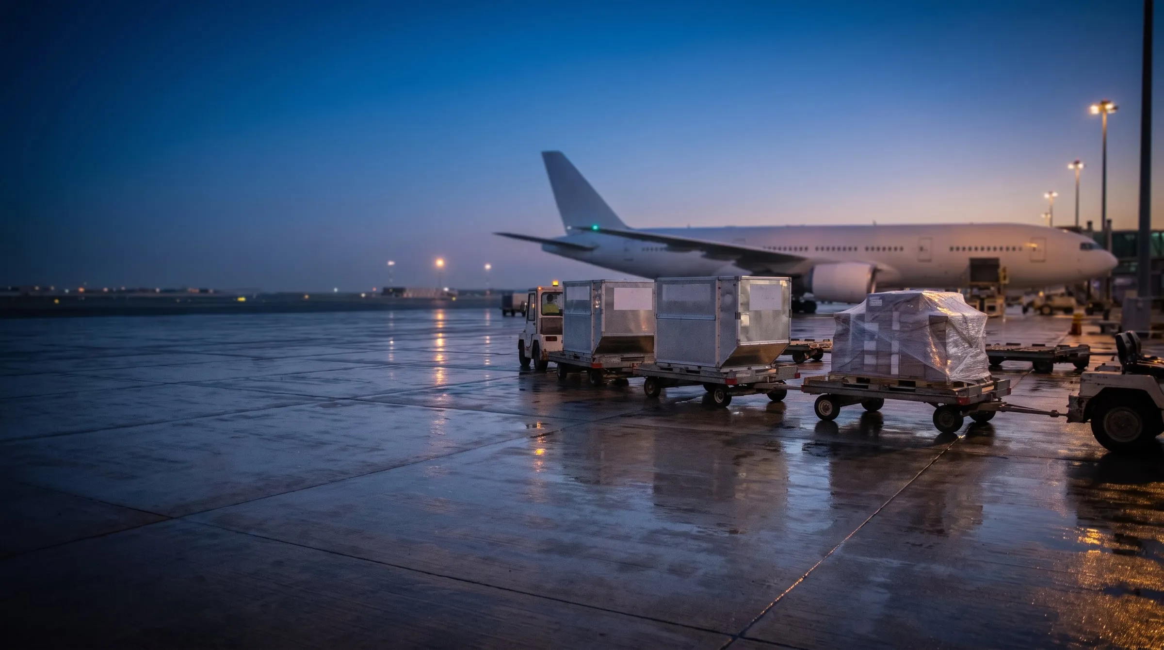 Air cargo pallets and containers towed across an airport apron at dusk.