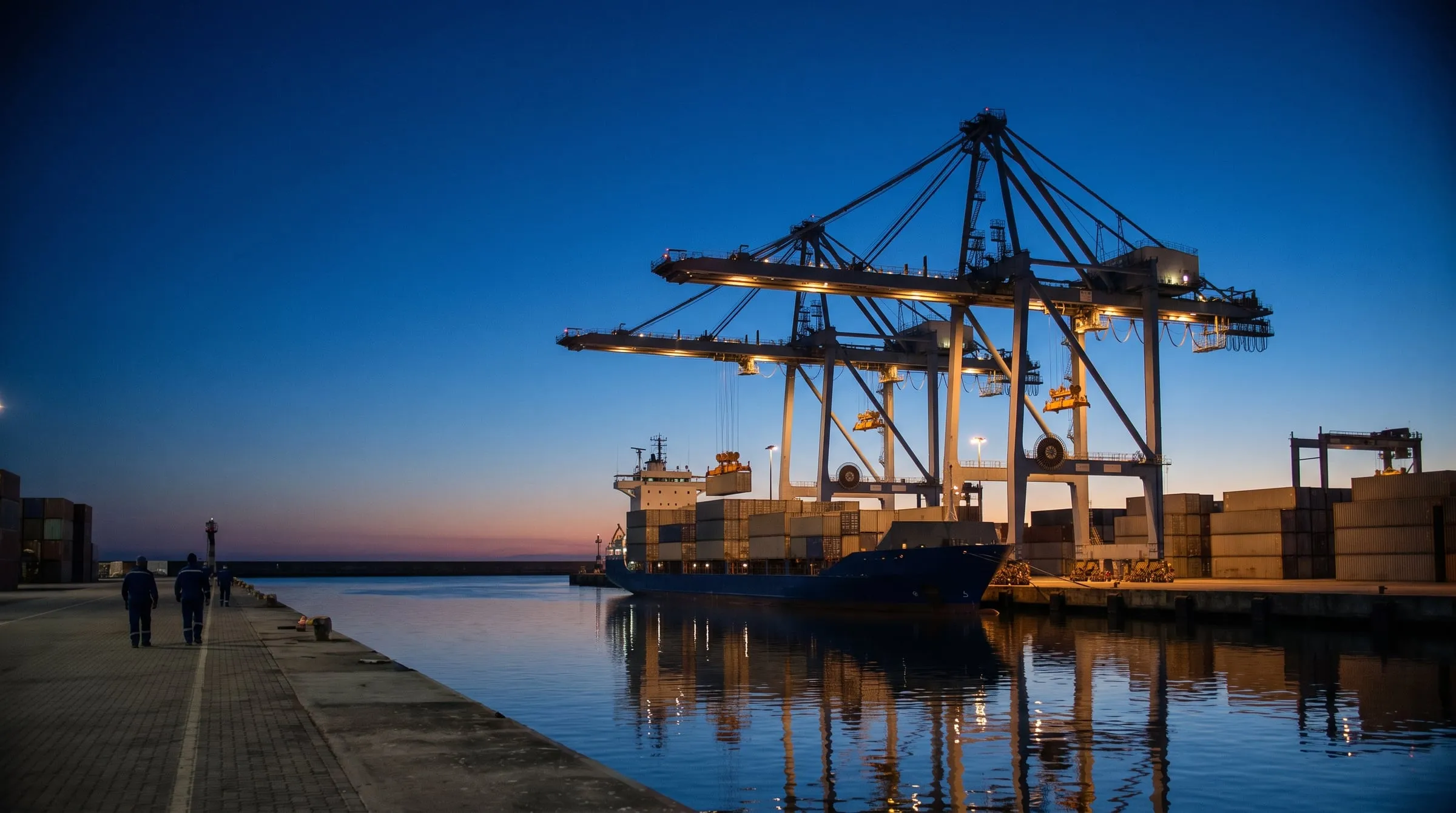 Gantry cranes working over a container vessel at a port at dusk.
