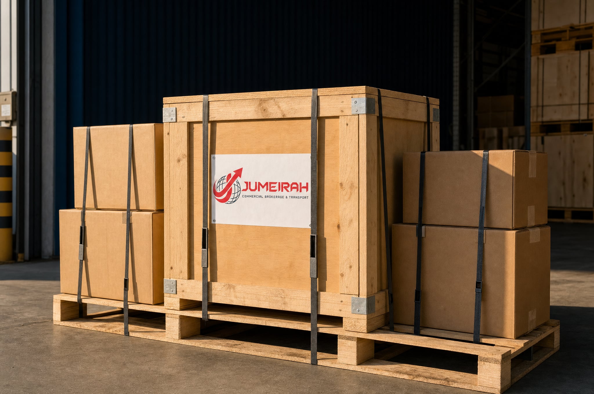A crate with a Jumeirah shipping label, strapped on a pallet for delivery.