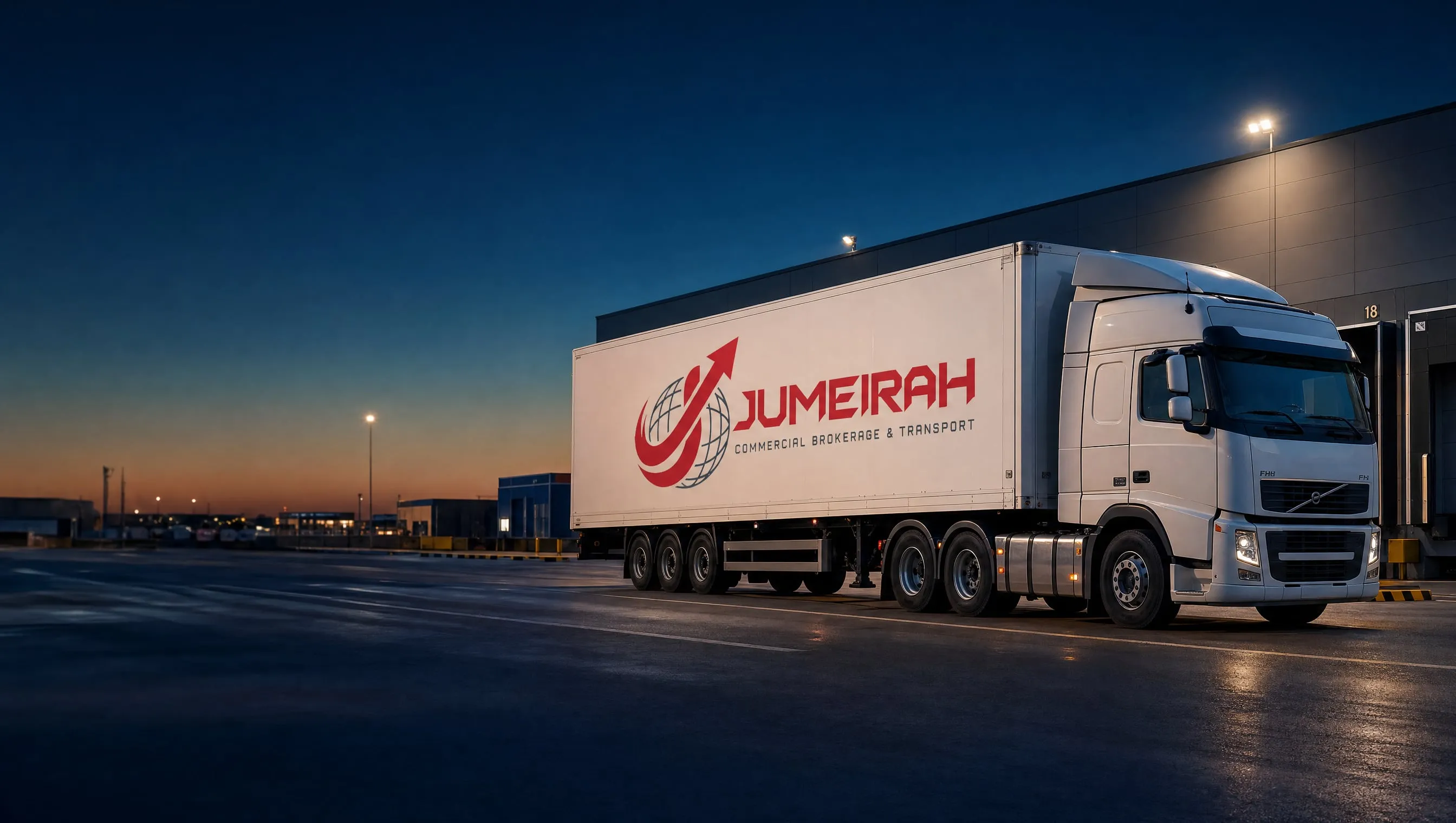 A white Jumeirah trailer truck at a logistics yard at dusk.