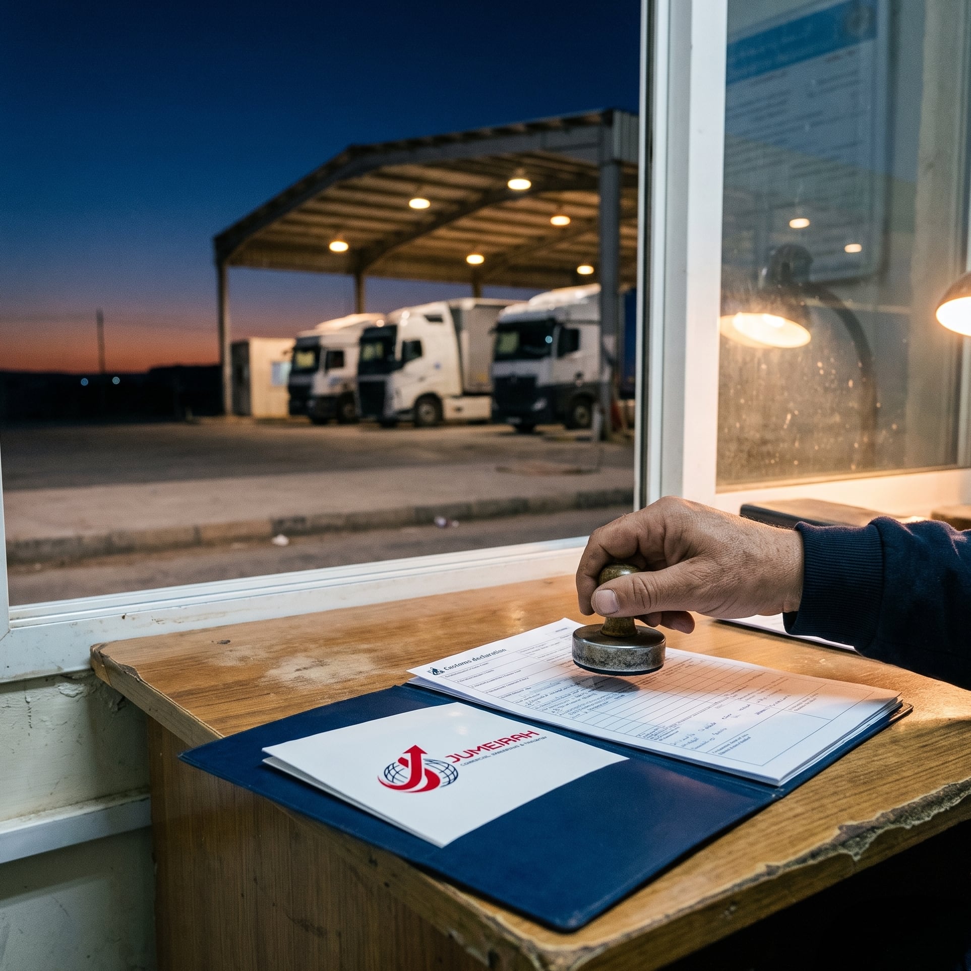 A customs declaration in a Jumeirah folder being stamped at a border office.