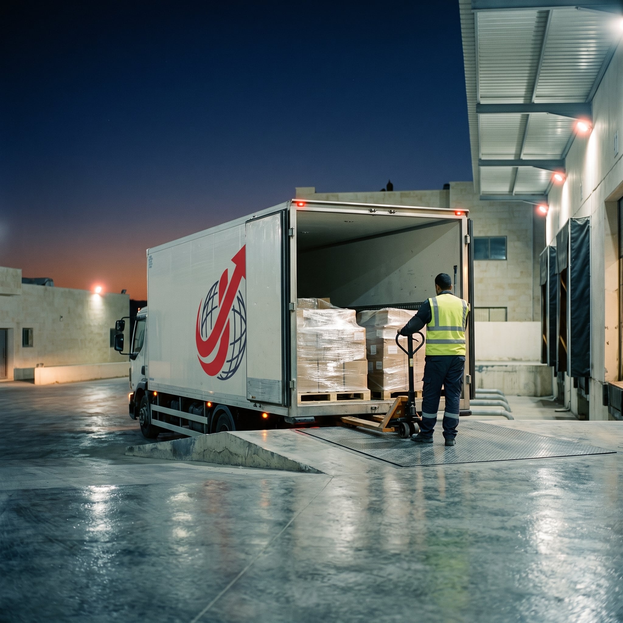 A Jumeirah truck being loaded with pallets at a loading dock.